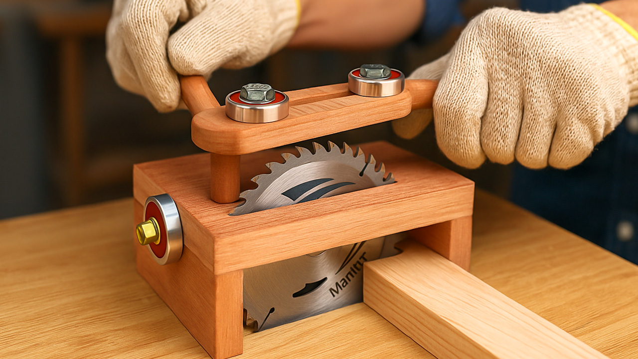 A collection of 20 innovative woodworking tools arranged neatly, showcasing various clamps, measuring devices, drills, saws, and maintenance kits, with some tools highlighting their unique features like ergonomic handles or digital readouts, all against a clean workshop background.