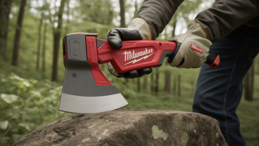 Woodworking and DIY tools laid out on a workbench, featuring a cordless drill, circular saw, drain auger, and measuring tape.