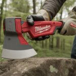 Woodworking and DIY tools laid out on a workbench, featuring a cordless drill, circular saw, drain auger, and measuring tape.
