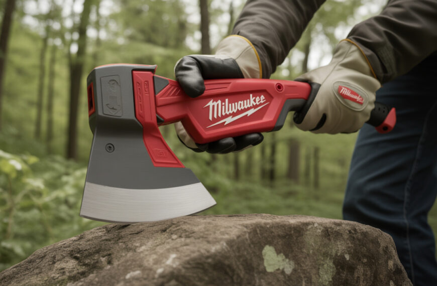 Woodworking and DIY tools laid out on a workbench, featuring a cordless drill, circular saw, drain auger, and measuring tape.