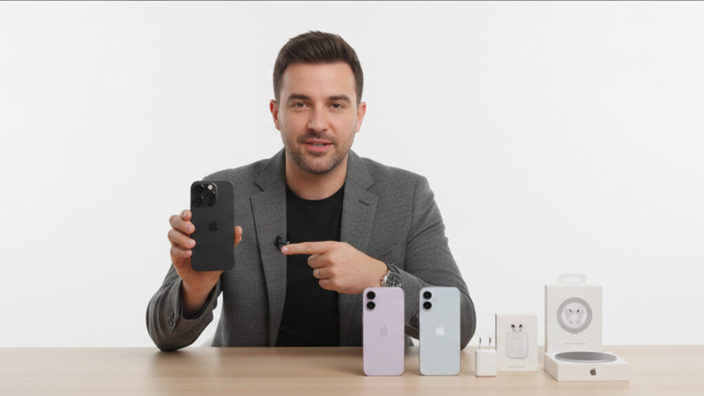 Image Alt Text: A flat lay image of four iPhone 17 series boxes and various accessories, including a silver iPhone 17 Pro Max, a gray iPhone 17 Pro, a purple iPhone 17 Air, and a black iPhone 17. A hand is seen reaching for a new circular magnetic accessory.