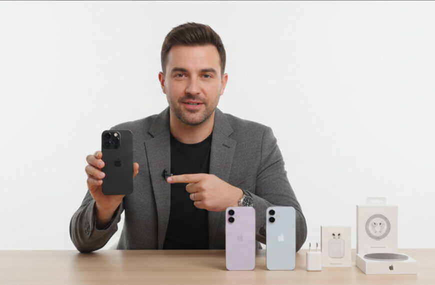 Image Alt Text: A flat lay image of four iPhone 17 series boxes and various accessories, including a silver iPhone 17 Pro Max, a gray iPhone 17 Pro, a purple iPhone 17 Air, and a black iPhone 17. A hand is seen reaching for a new circular magnetic accessory.