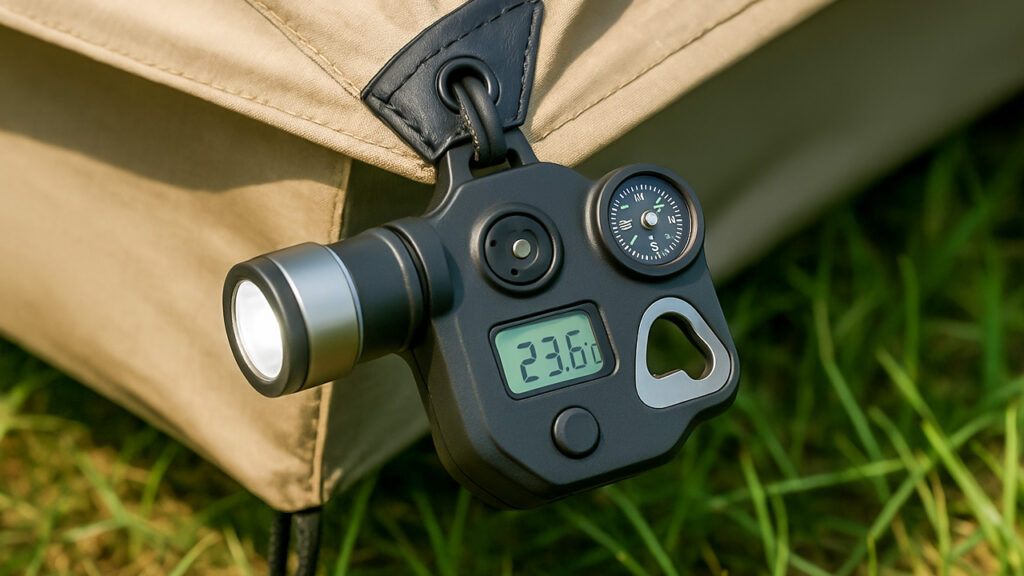 A flat lay of a variety of innovative and unusual camping gear, including a collapsible lantern, a portable power station, a multi-tool, and a mini camp stove, laid out on a forest-like background, with the blog title overlaid.