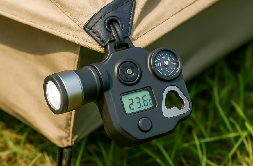 A flat lay of a variety of innovative and unusual camping gear, including a collapsible lantern, a portable power station, a multi-tool, and a mini camp stove, laid out on a forest-like background, with the blog title overlaid.