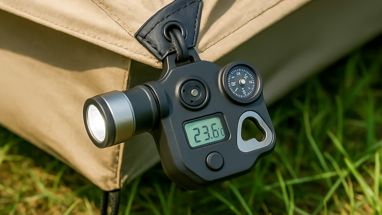 A flat lay of a variety of innovative and unusual camping gear, including a collapsible lantern, a portable power station, a multi-tool, and a mini camp stove, laid out on a forest-like background, with the blog title overlaid.