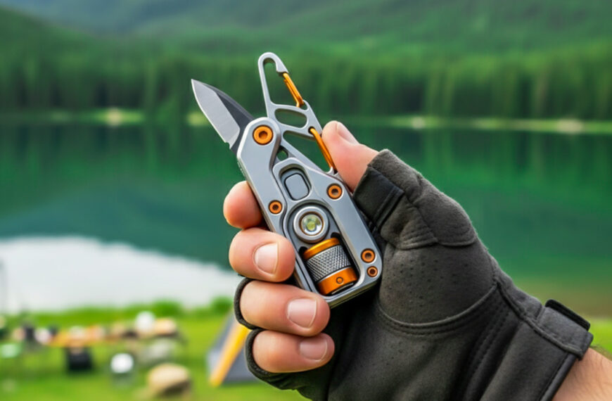 A detailed flat lay of essential everyday carry (EDC) survival gear, including a multi-tool, compass, tactical flashlight, fire starter, and portable power bank, displayed on a dark, rugged surface.