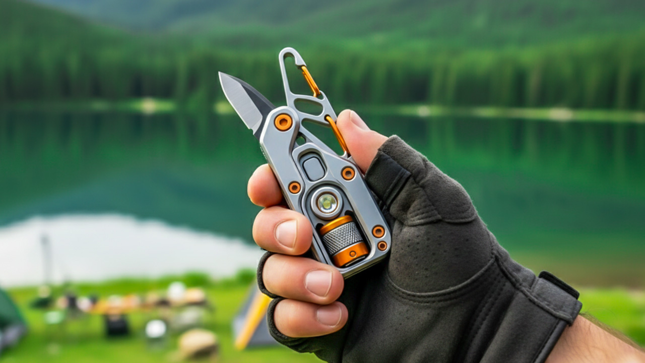 A detailed flat lay of essential everyday carry (EDC) survival gear, including a multi-tool, compass, tactical flashlight, fire starter, and portable power bank, displayed on a dark, rugged surface.