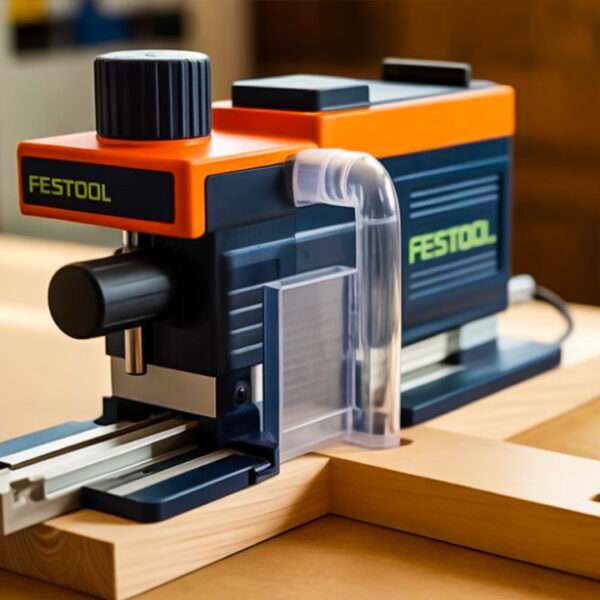 Festool tools collection showing a TS 55 F track saw, a Cordless Systainer extractor, and the Domino joiner on a workbench, representing DIY expert and woodworking precision.