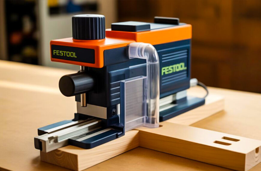 Festool tools collection showing a TS 55 F track saw, a Cordless Systainer extractor, and the Domino joiner on a workbench, representing DIY expert and woodworking precision.