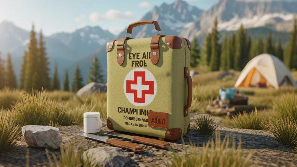 Open red hiking first aid kit packed with medical supplies, survival tools, and essentials like bandages, gauze, and a thermal blanket, set against a natural outdoor background.