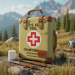 Open red hiking first aid kit packed with medical supplies, survival tools, and essentials like bandages, gauze, and a thermal blanket, set against a natural outdoor background.