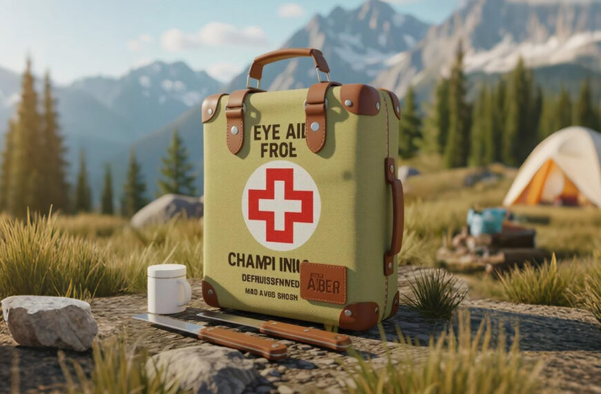 Open red hiking first aid kit packed with medical supplies, survival tools, and essentials like bandages, gauze, and a thermal blanket, set against a natural outdoor background.
