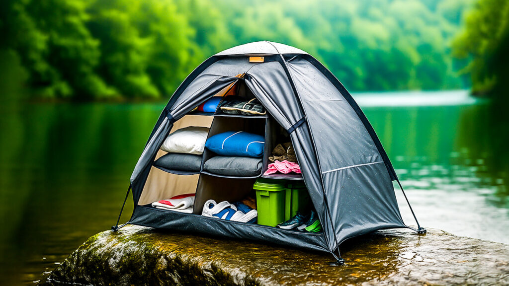 Unseen camping gadgets collage showing a portable power station, tent, and light