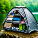 Unseen camping gadgets collage showing a portable power station, tent, and light