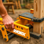 A collection of 20 essential woodworking tools and jigs, including the Kreg Concealed Hinge Jig, Massca Locking C-Clamp, Festool Domino joiner, and Saker mini table saw, shown in a well-organized workshop environment.