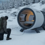 Essential winter camping gear layout showing a hot tent, heated sleeping bag, snow boots, and a portable heater.