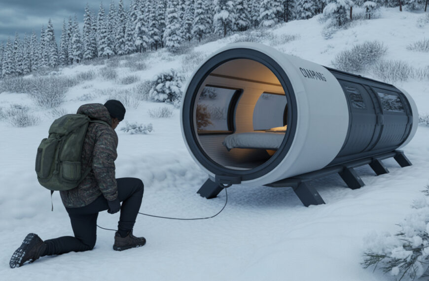 Essential winter camping gear layout showing a hot tent, heated sleeping bag, snow boots, and a portable heater.