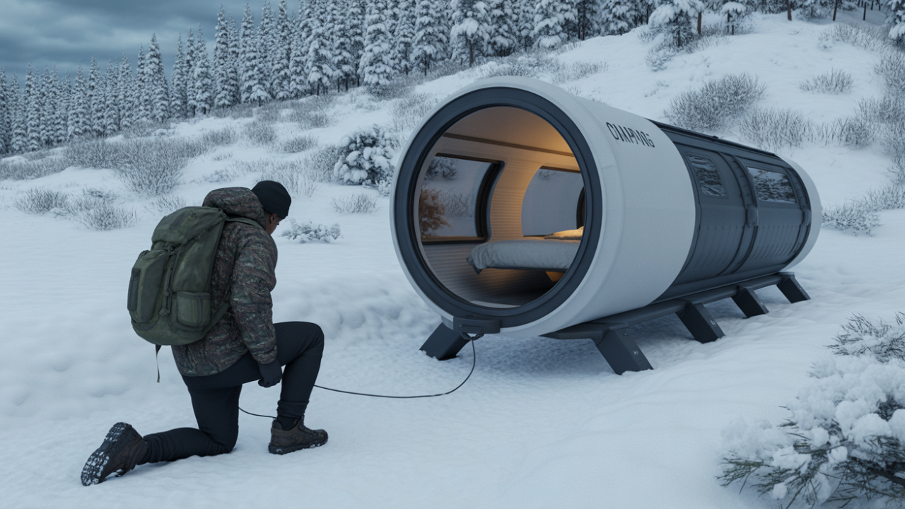 Essential winter camping gear layout showing a hot tent, heated sleeping bag, snow boots, and a portable heater.