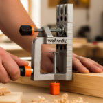 Assortment of 30 essential Wolfcraft woodworking tools, including clamps, jigs, drill guides, and measuring equipment on a wooden surface.