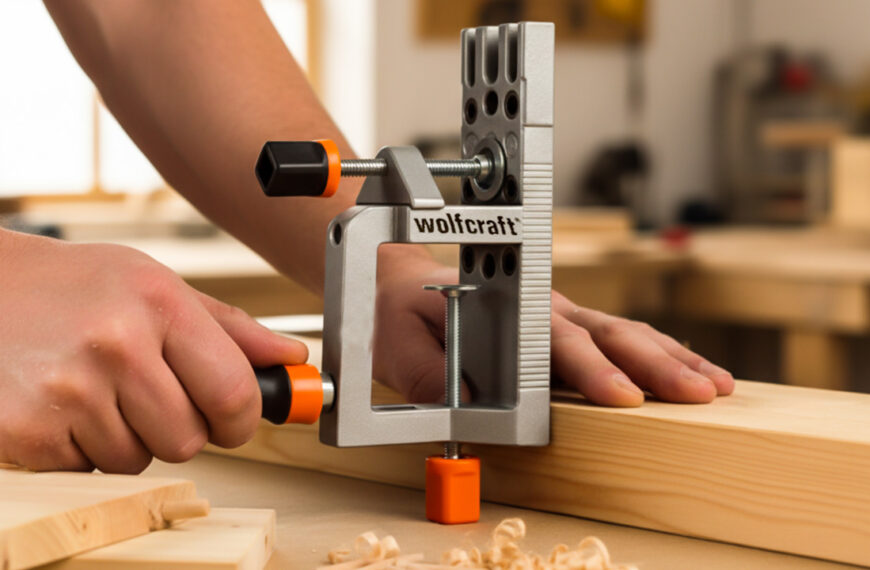 Assortment of 30 essential Wolfcraft woodworking tools, including clamps, jigs, drill guides, and measuring equipment on a wooden surface.