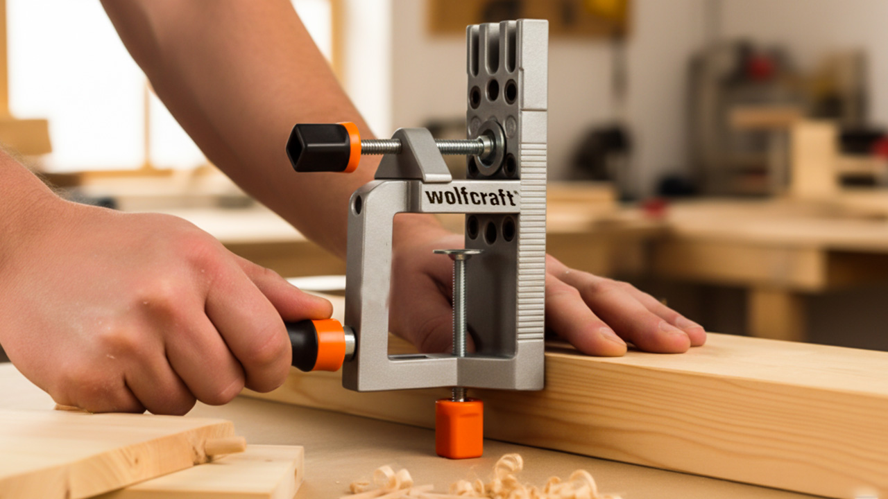 Assortment of 30 essential Wolfcraft woodworking tools, including clamps, jigs, drill guides, and measuring equipment on a wooden surface.