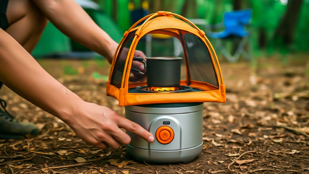 budget camping gadgets flat lay featuring a headlamp, camp stove, collapsible bowl, and affordable camping essentials under $30