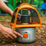 budget camping gadgets flat lay featuring a headlamp, camp stove, collapsible bowl, and affordable camping essentials under $30