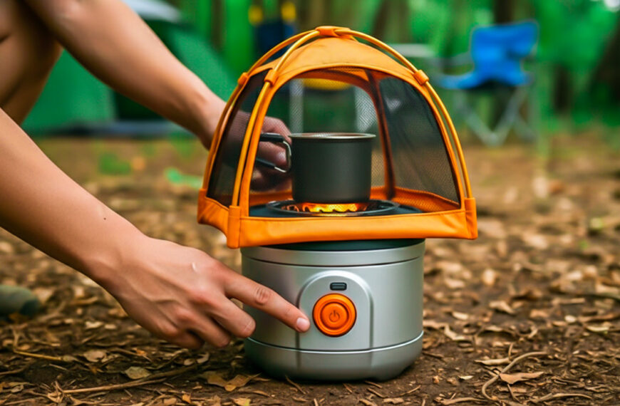 budget camping gadgets flat lay featuring a headlamp, camp stove, collapsible bowl, and affordable camping essentials under $30